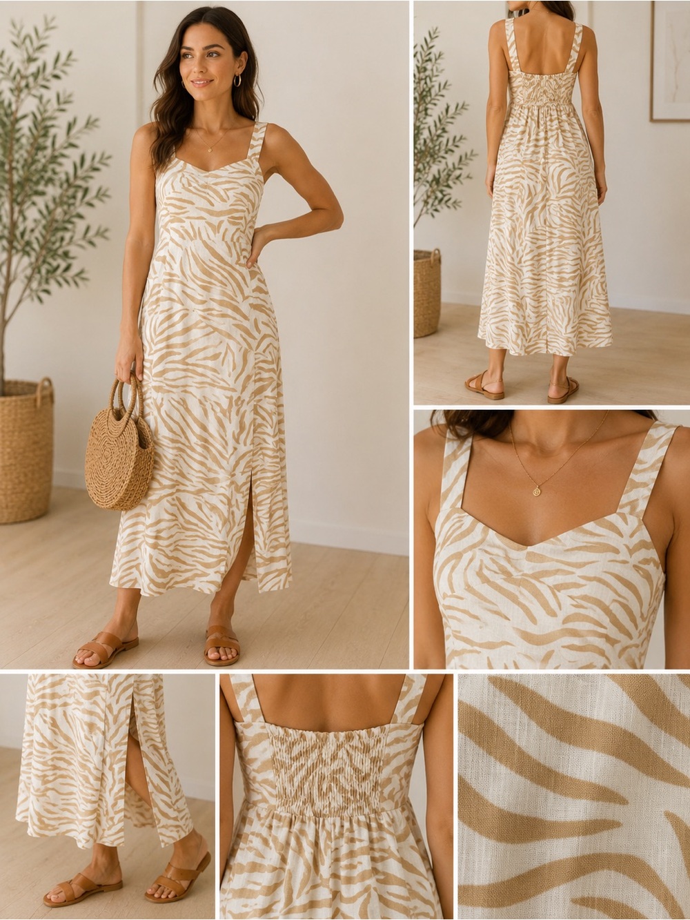 Zara Zebra Print Linen Blend Midi Dress XS Beige & Cream Summer Dress